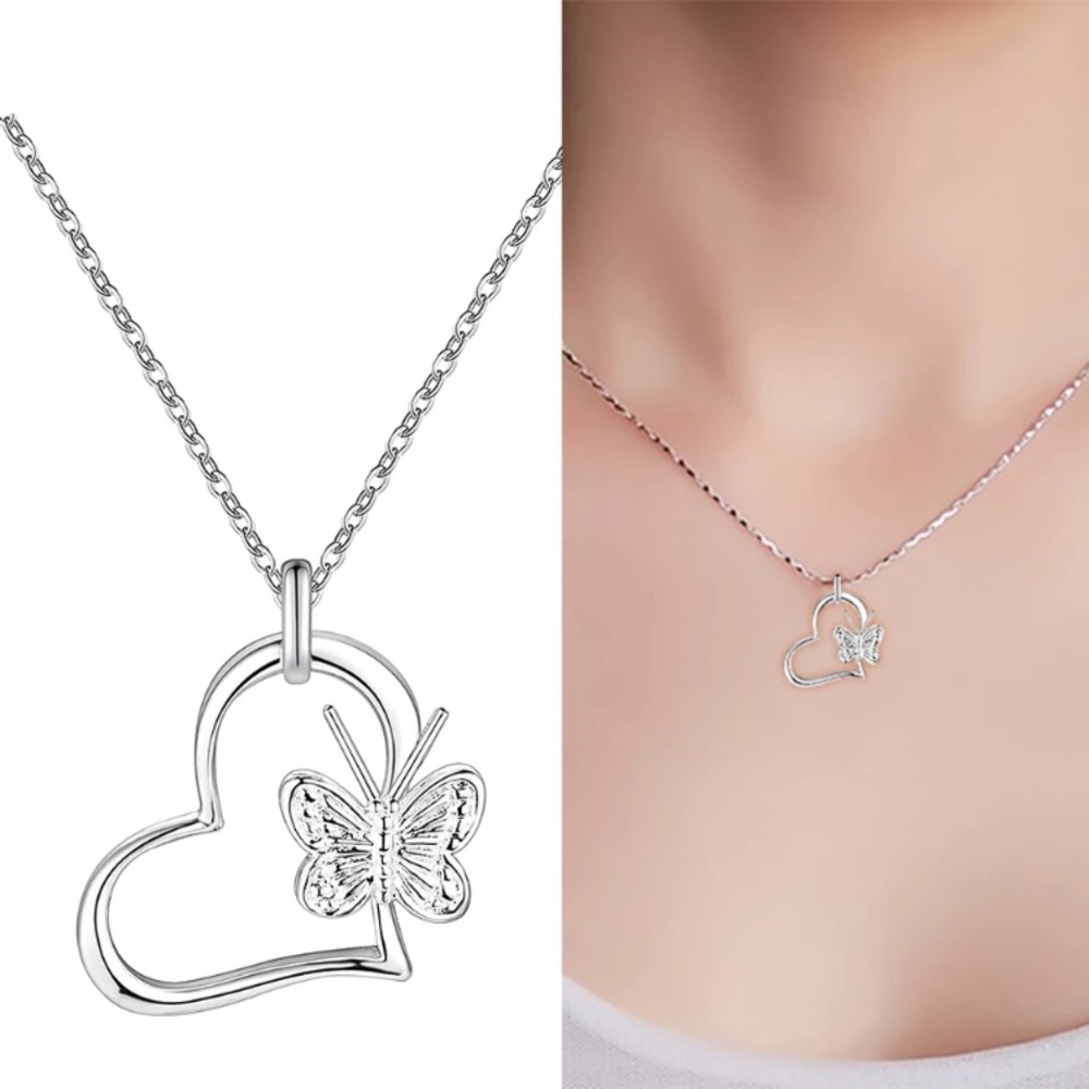 Silver Heart Butterfly Necklace